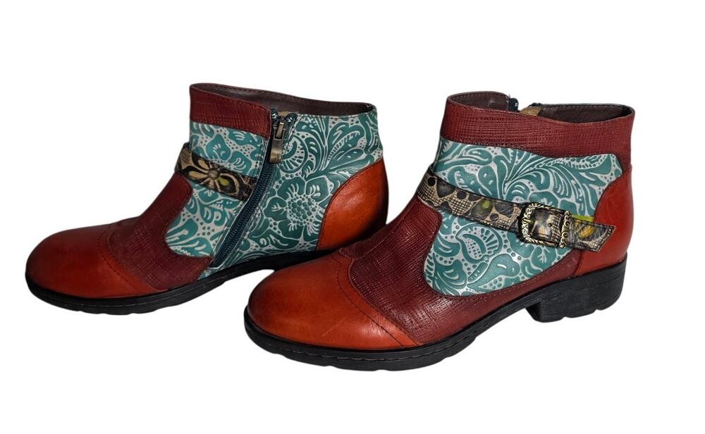 Socofy Women's EU 39 US 8 Leather Patchwork Floral Ankle Boots Boho Zip Buckle